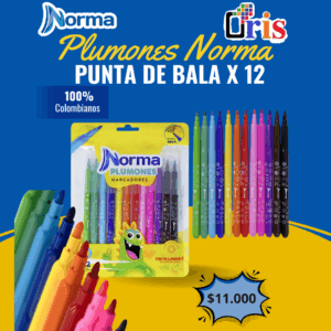 Plumones Norma Lavables Punta Bala x12 - Colores Brillantes Escolares