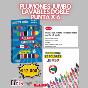 Plumones JUMBO Doble Punta Offi-Esco x6 - 12 (OE-086) Colores Lavables